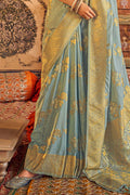 Womens Chiffon Sky Blue Saree With Blouse Piece