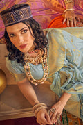 Womens Chiffon Sky Blue Saree With Blouse Piece
