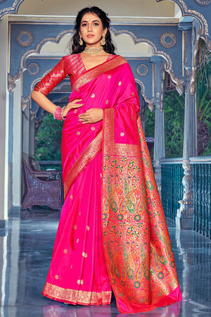 Womens Banarasi Silk True Pink Saree With Blouse Piece