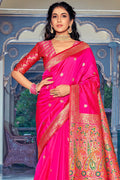 Womens Banarasi Silk True Pink Saree With Blouse Piece