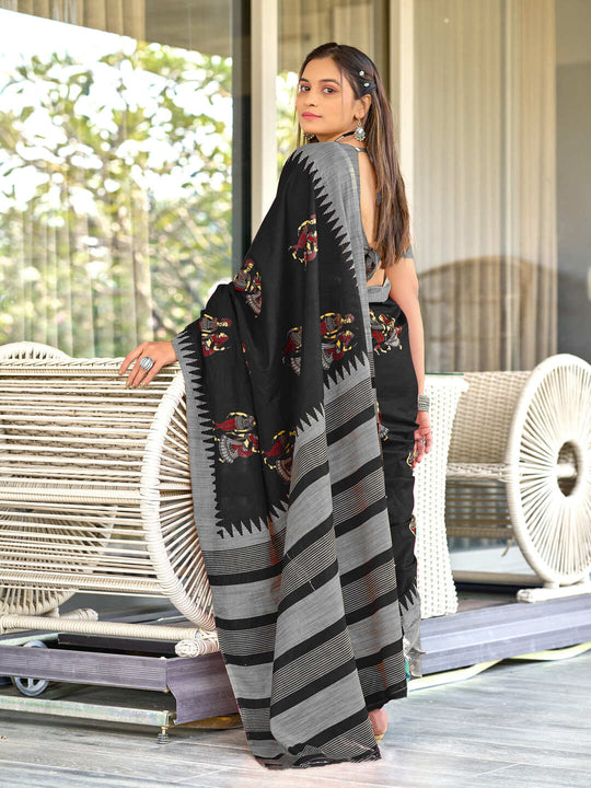 Black Cotton Kalamkari Hand Block Print Saree With Blouse Piece