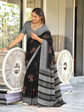 Black Cotton Kalamkari Hand Block Print Saree With Blouse Piece