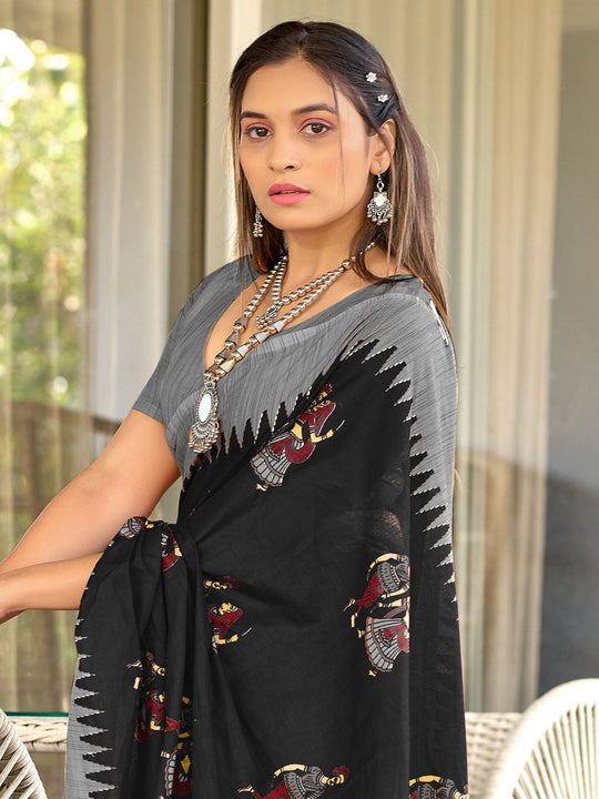 Black Cotton Kalamkari Hand Block Print Saree With Blouse Piece
