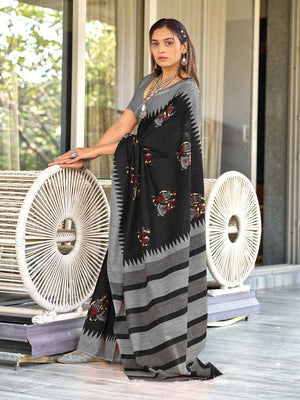 Black Cotton Kalamkari Hand Block Print Saree With Blouse Piece