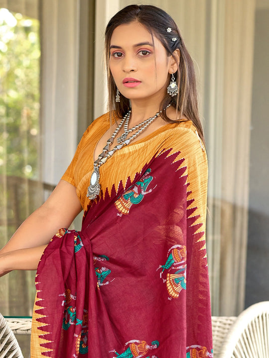 Red Cotton Kalamkari Hand Block Print Saree With Blouse Piece