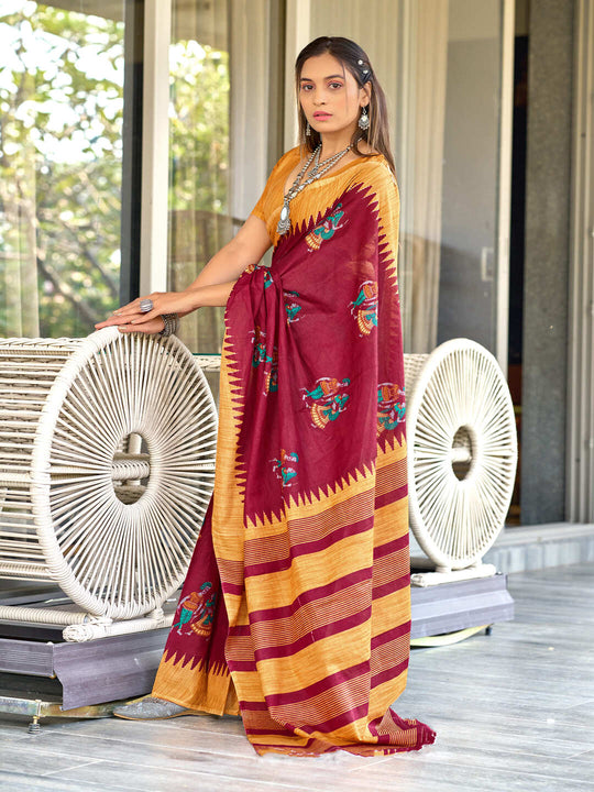 Red Cotton Kalamkari Hand Block Print Saree With Blouse Piece