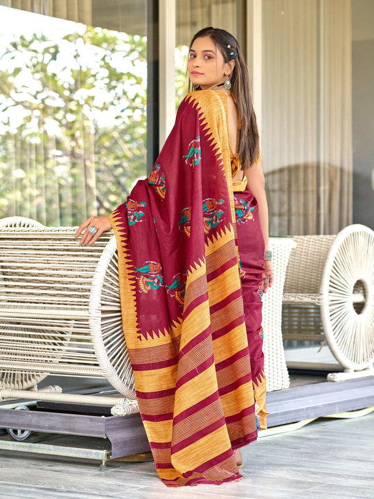 Red Cotton Kalamkari Hand Block Print Saree With Blouse Piece