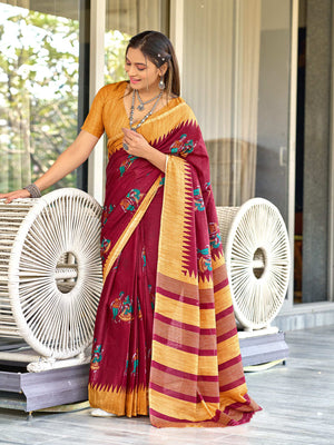 Red Cotton Kalamkari Hand Block Print Saree With Blouse Piece