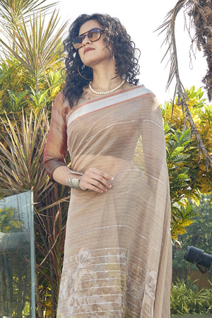 Tan Beige Organza Saree
