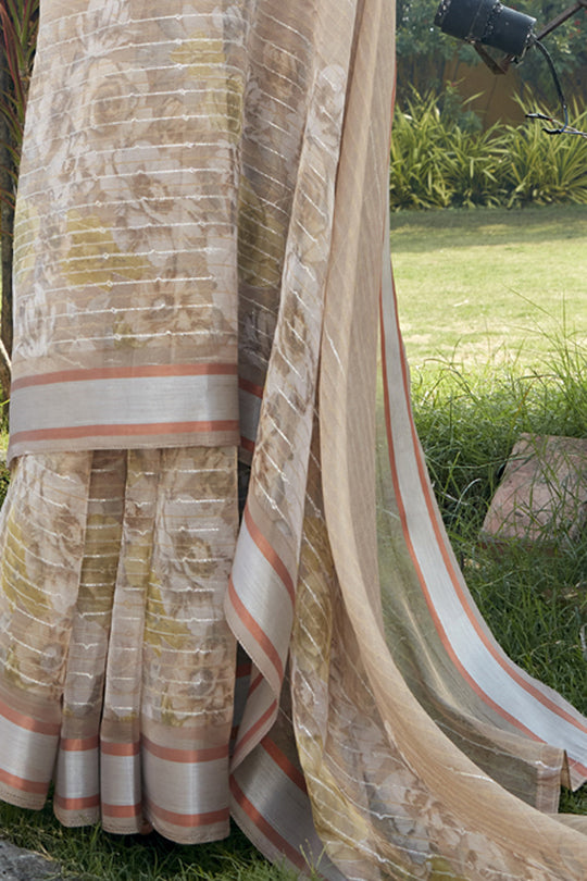 Tan Beige Organza Saree
