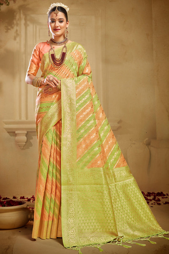 Peach And Green Linen Blend Saree