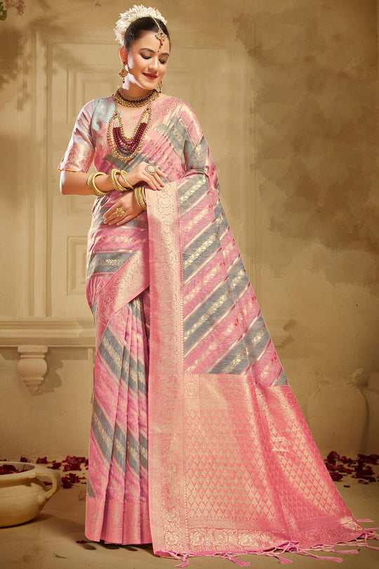 Pink And Grey Linen Blend Saree
