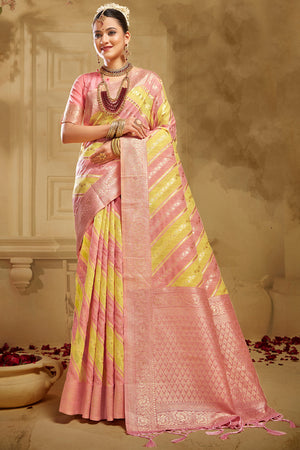 Yellow And Peach Linen Blend Saree