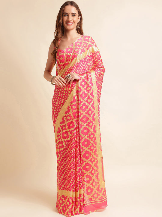 Pink Chiffon Party Wear Saree With Blouse Piece