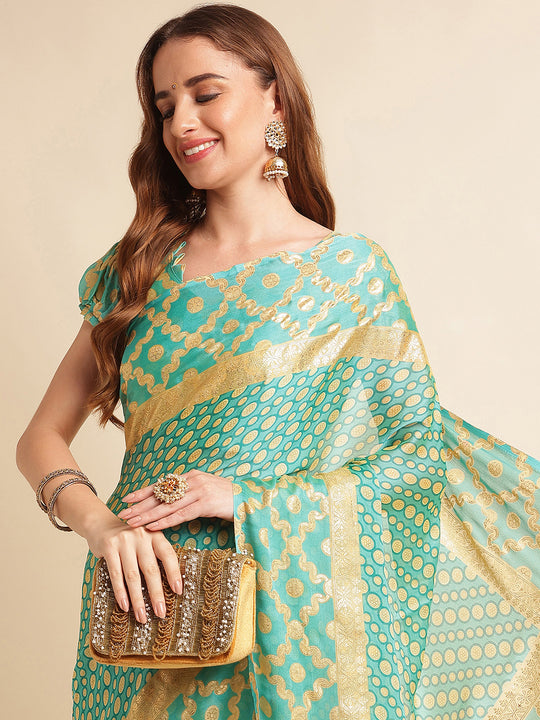 Teal Chiffon Party Wear Saree With Blouse Piece