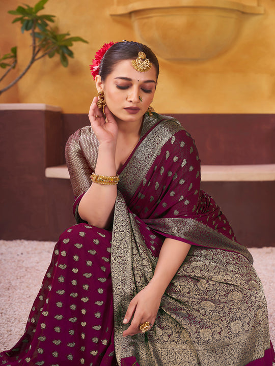 Chinon Banarasi Silk Saree With Blouse Piece