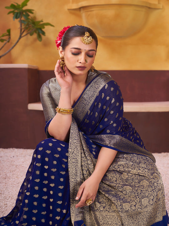 Chinon Banarasi Silk Saree With Blouse Piece