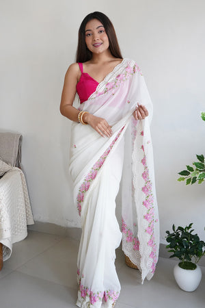 White Georgette Saree With Blouse Piece