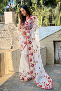 Off white Organza Saree with Maroon Blouse Piece