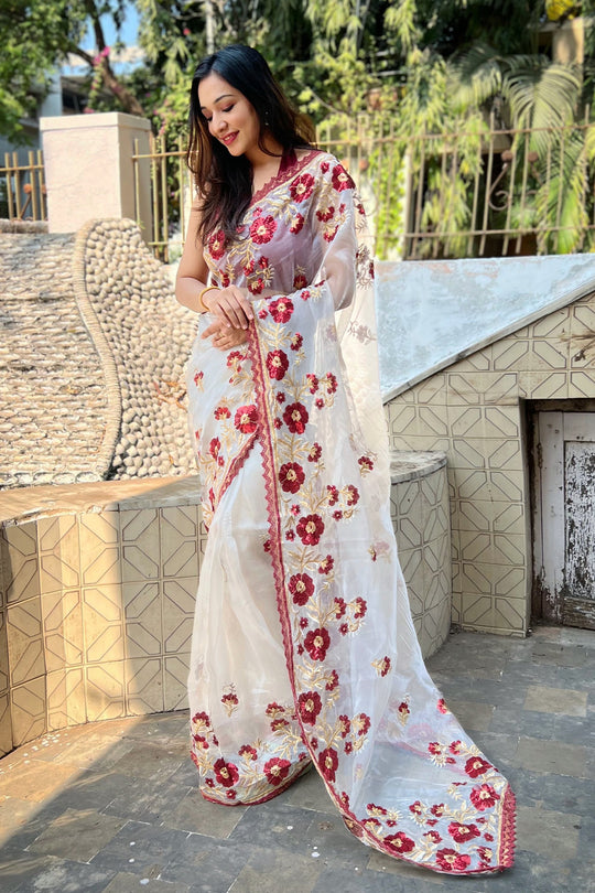 Off white Organza Saree with Maroon Blouse Piece