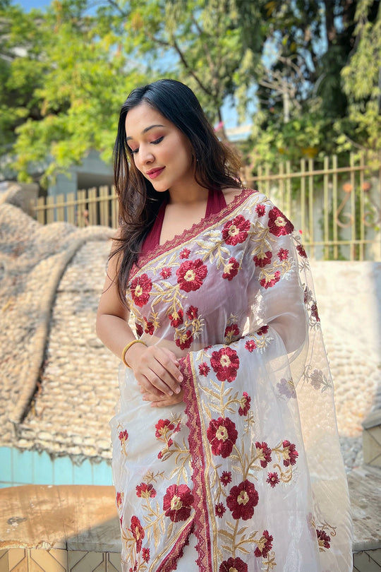 Off white Organza Saree with Maroon Blouse Piece