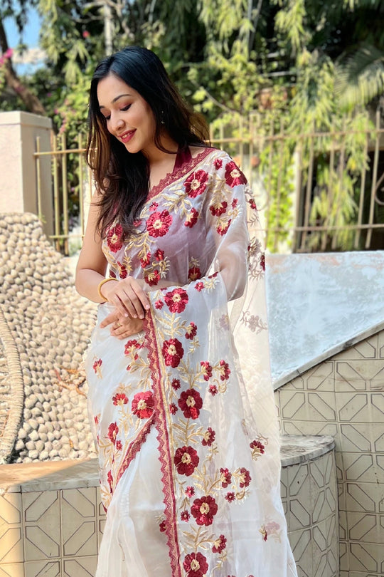 Off white Organza Saree with Maroon Blouse Piece