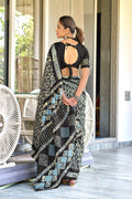 Black Hand Block Batik Print Mulmul Cotton Sarees Saree With Blouse Piece