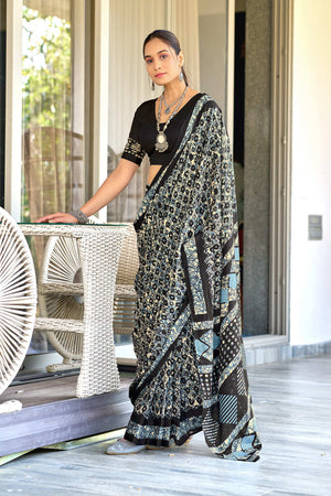 Black Hand Block Batik Print Mulmul Cotton Sarees Saree With Blouse Piece