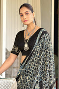 Black Hand Block Batik Print Mulmul Cotton Sarees Saree With Blouse Piece