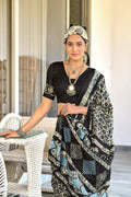 Black Hand Block Batik Print Mulmul Cotton Sarees Saree With Blouse Piece
