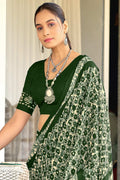Green Hand Block Batik Print Mulmul Cotton Sarees Saree With Blouse Piece