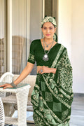 Green Hand Block Batik Print Mulmul Cotton Sarees Saree With Blouse Piece