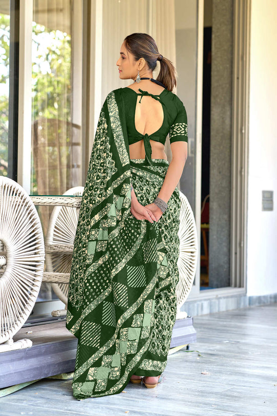 Green Hand Block Batik Print Mulmul Cotton Sarees Saree With Blouse Piece