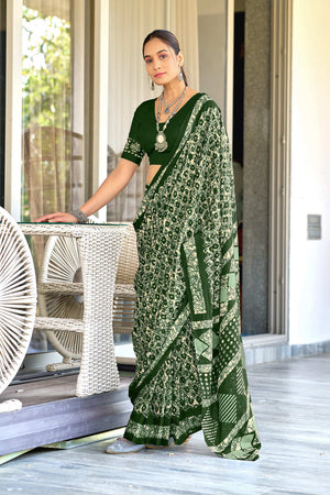 Green Hand Block Batik Print Mulmul Cotton Sarees Saree With Blouse Piece