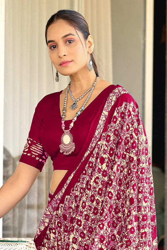 Red Hand Block Batik Print Mulmul Cotton Sarees Saree With Blouse Piece