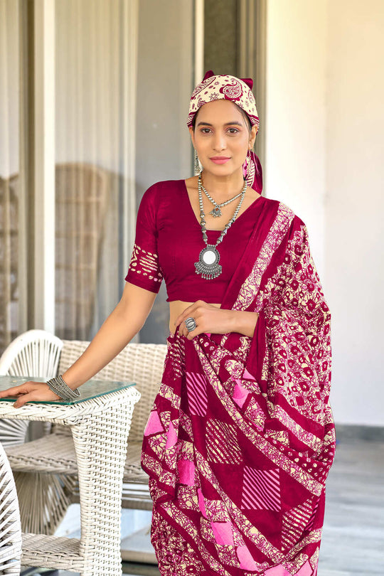 Red Hand Block Batik Print Mulmul Cotton Sarees Saree With Blouse Piece
