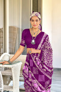 Purple Hand Block Batik Print Mulmul Cotton Sarees Saree With Blouse Piece