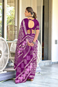 Purple Hand Block Batik Print Mulmul Cotton Sarees Saree With Blouse Piece