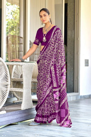 Purple Hand Block Batik Print Mulmul Cotton Sarees Saree With Blouse Piece
