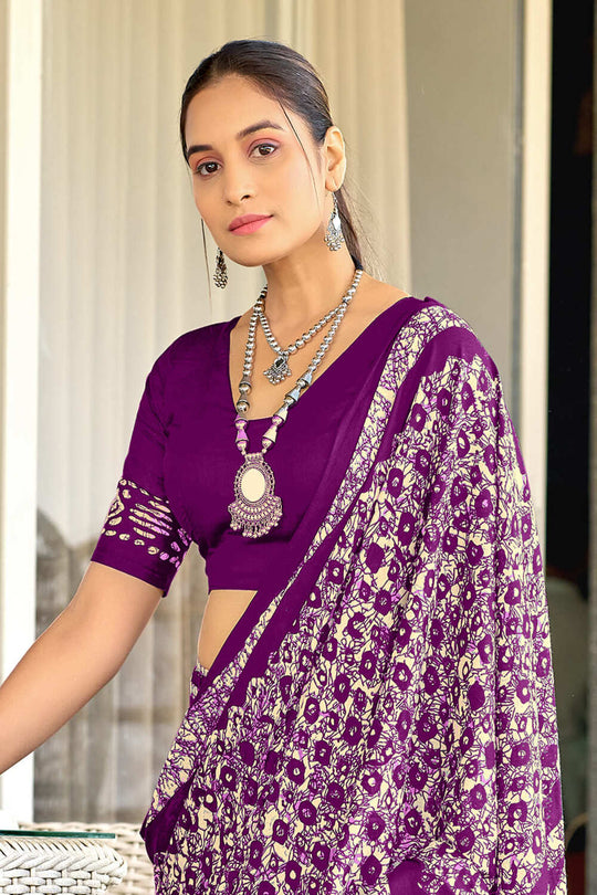 Purple Hand Block Batik Print Mulmul Cotton Sarees Saree With Blouse Piece