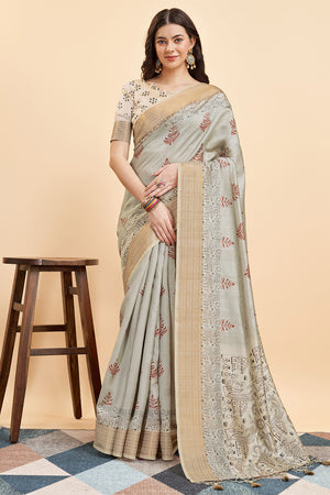 Beige Silk  Ethnic Motifs Printed Saree