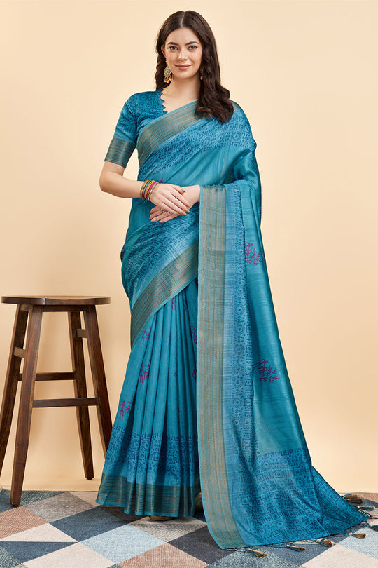 Blue Silk  Warli Printed Saree