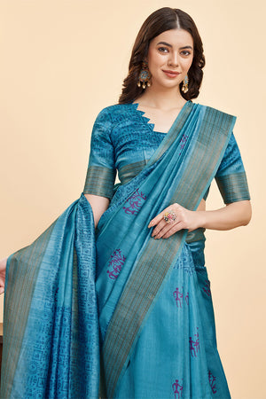 Blue Silk  Warli Printed Saree