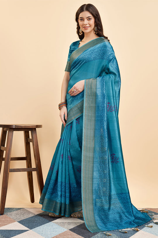 Blue Silk  Warli Printed Saree