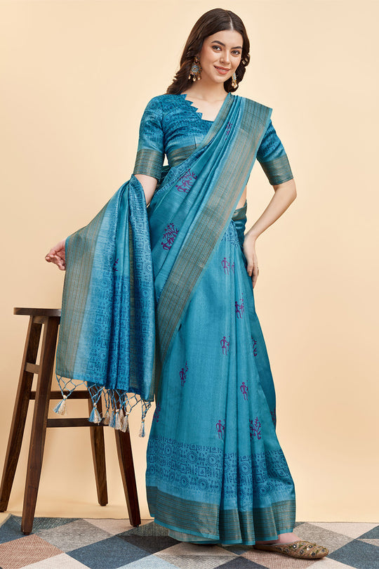 Blue Silk  Warli Printed Saree