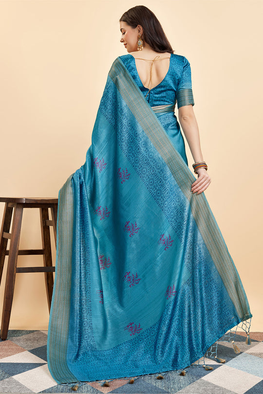 Blue Silk  Warli Printed Saree