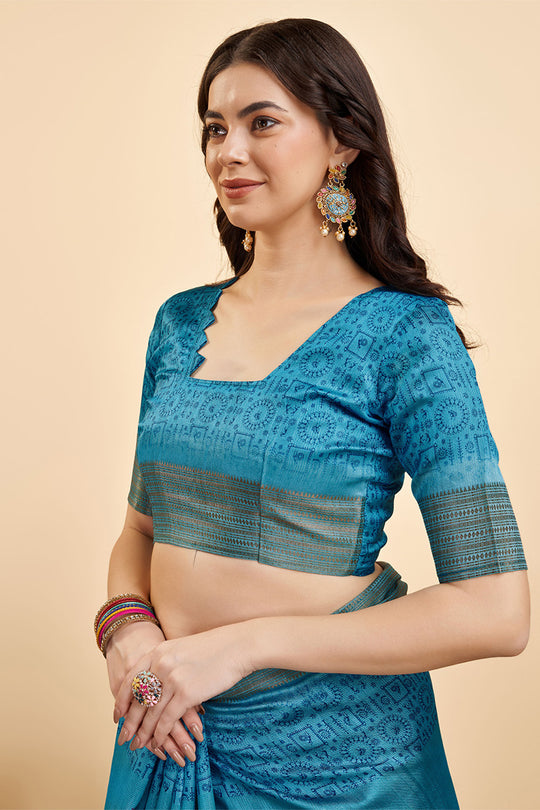 Blue Silk  Warli Printed Saree