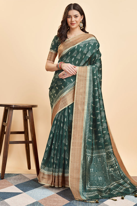 Bottle Green Silk Warli Printed Zari Saree