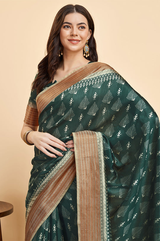 Bottle Green Silk Warli Printed Zari Saree