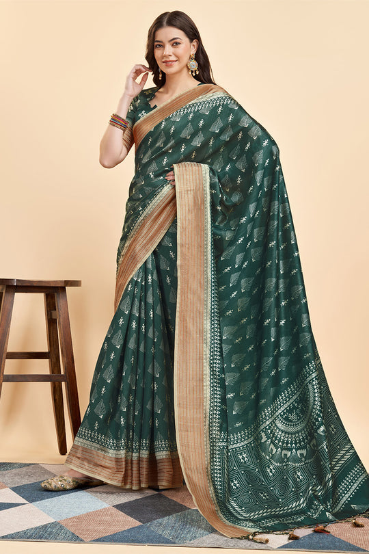 Bottle Green Silk Warli Printed Zari Saree